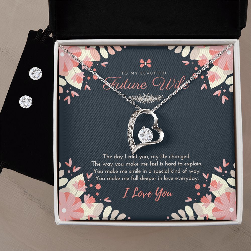 Forever Love Necklace + CZ Earring Set - Jewelry - 14k White Gold Finish