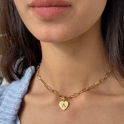 Gold Necklace with Initial Letter Heart Pendant - Necklace - A