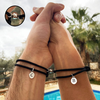 Magnetic Couple Bracelets with Custom Letters Charms - Bracelets - Black