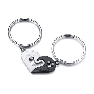 Matching Puzzle Heart Keychain with AAA CZ Stones - Keychains - Silver + Black