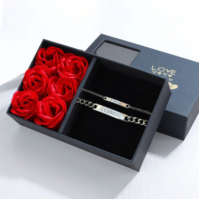 Rose Box + Engraved Couples Bracelets - Only With Link - Silver