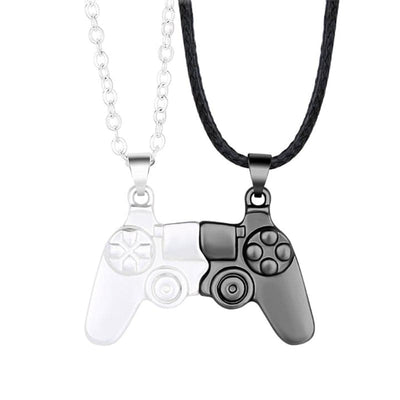 2 Magnetic Couple Necklaces with Game Controller Pendant - Necklaces - Silver / Black