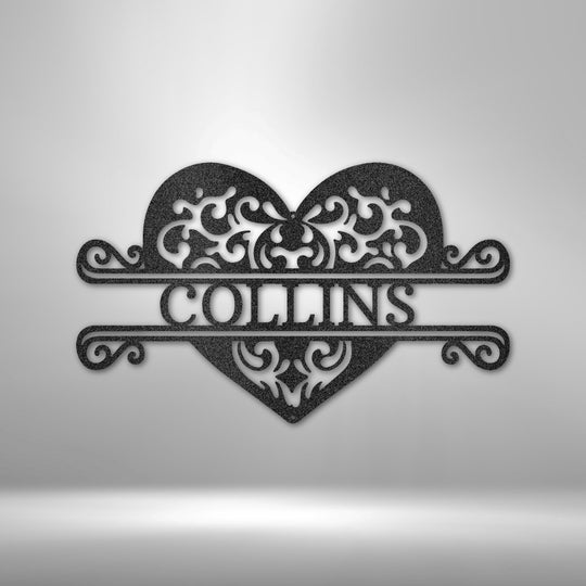 Fancy Heart Monogram - Steel Sign - Metal Sign - Black