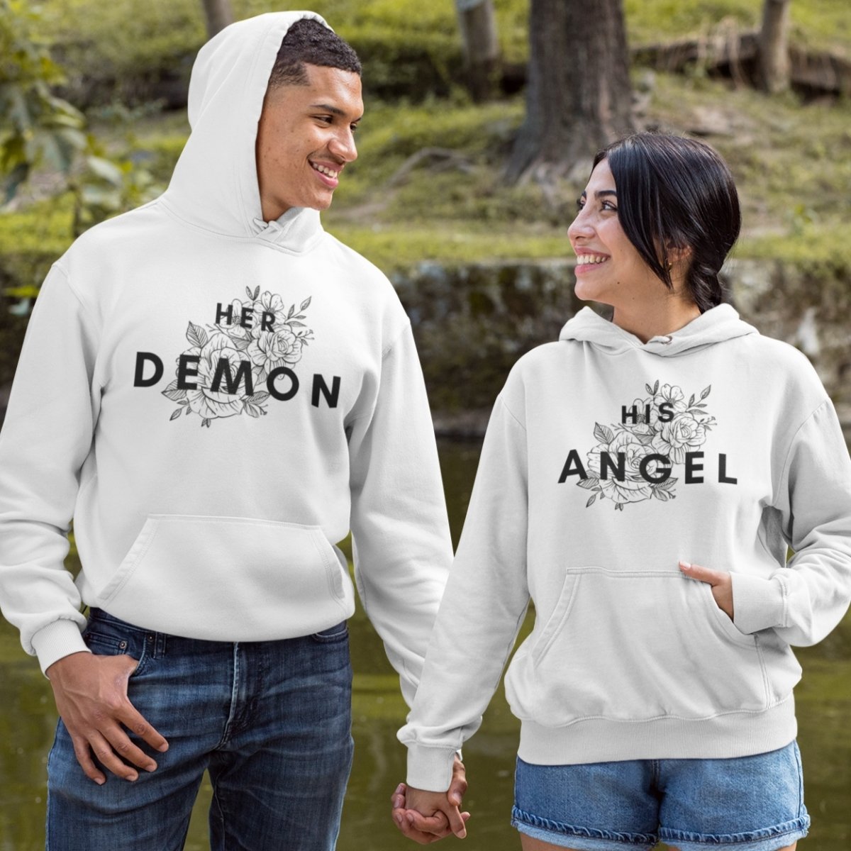 Her Demon / His Angel Couple Hoodies White – CoupleGifts.com