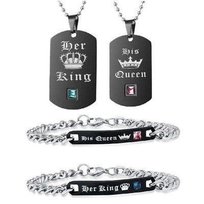 His Queen Her King Matching Couples Necklaces & Bracelets - Necklace - Black