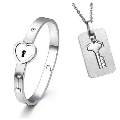 Locked Love Bracelet with Key Necklace - Bracelets - Silver