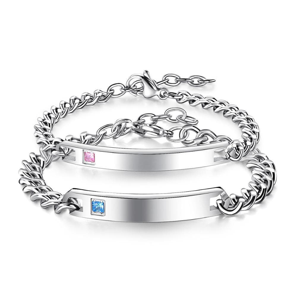 Matching Couple Bracelets With Custom Engraving - Silver – CoupleGifts.com
