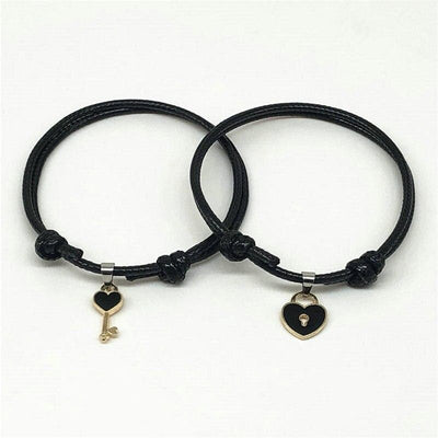 Matching Rope Bracelets with Key & Heart Lock Pendants - Bracelets - Black