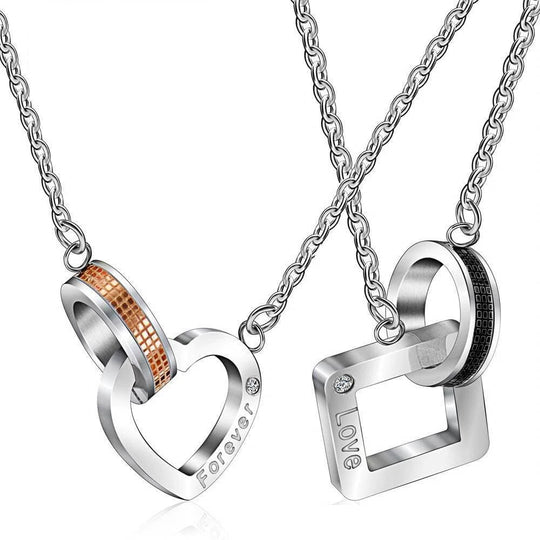 Paired Ring Heart and Square Pendant Couple Necklaces - Necklace - Couple Set (Both)