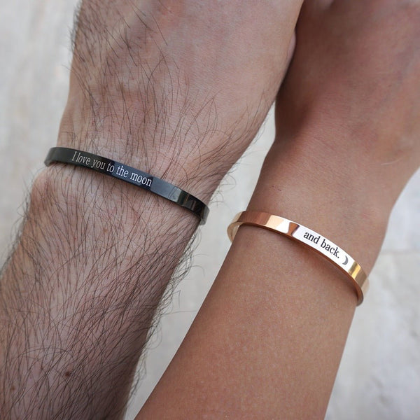 thumbnail image 2 of Personalized Gold And Rose Gold Stainless Steel Tarnish Resistant Cuff Bangle - Gift For Her Bracelet Set - Anniversary Gift For Couples - Stackable Bangles - Ships Next Day 2 of 11