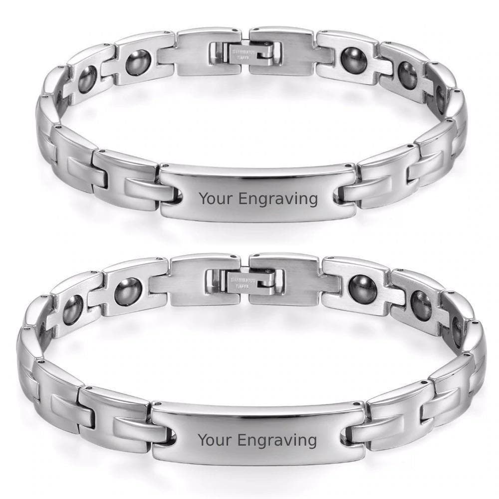 JewelryWe Couple's Matching Bracelet Set – Stainless Steel Bar Bracelet With Free Engraving – His & Hers Gift For Christmas