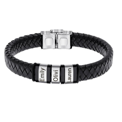 Personalized Woven PU Leather Bracelet for Men - Bracelet - 3 beads and bracelet